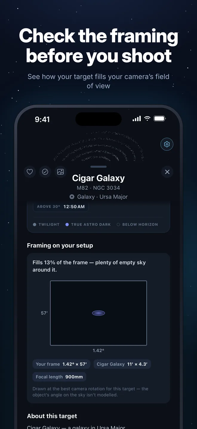 Night Logic framing preview: the Cigar Galaxy fills 13 percent of a 1.42 by 0.95 degree frame at 900 millimeters focal length.