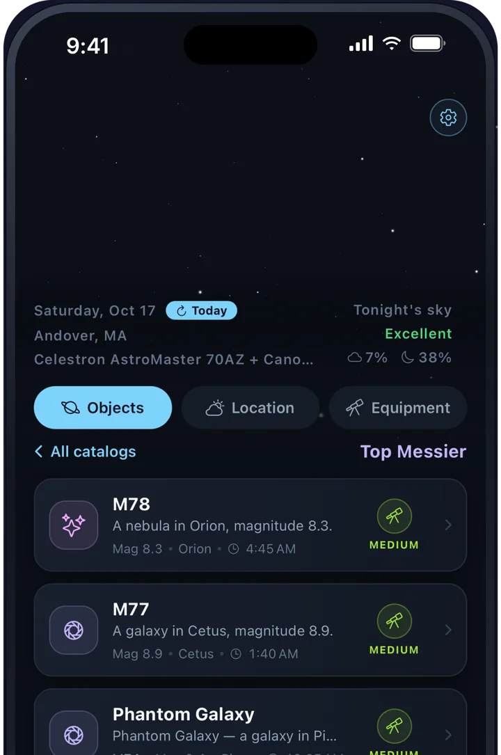 Night Logic on iPhone: the Objects tab listing Top Messier targets such as M78, M77, and the Phantom Galaxy, each graded Medium for the user's telescope and camera, under a tonight's sky verdict of Excellent with 7 percent cloud cover and a 38 percent moon.
