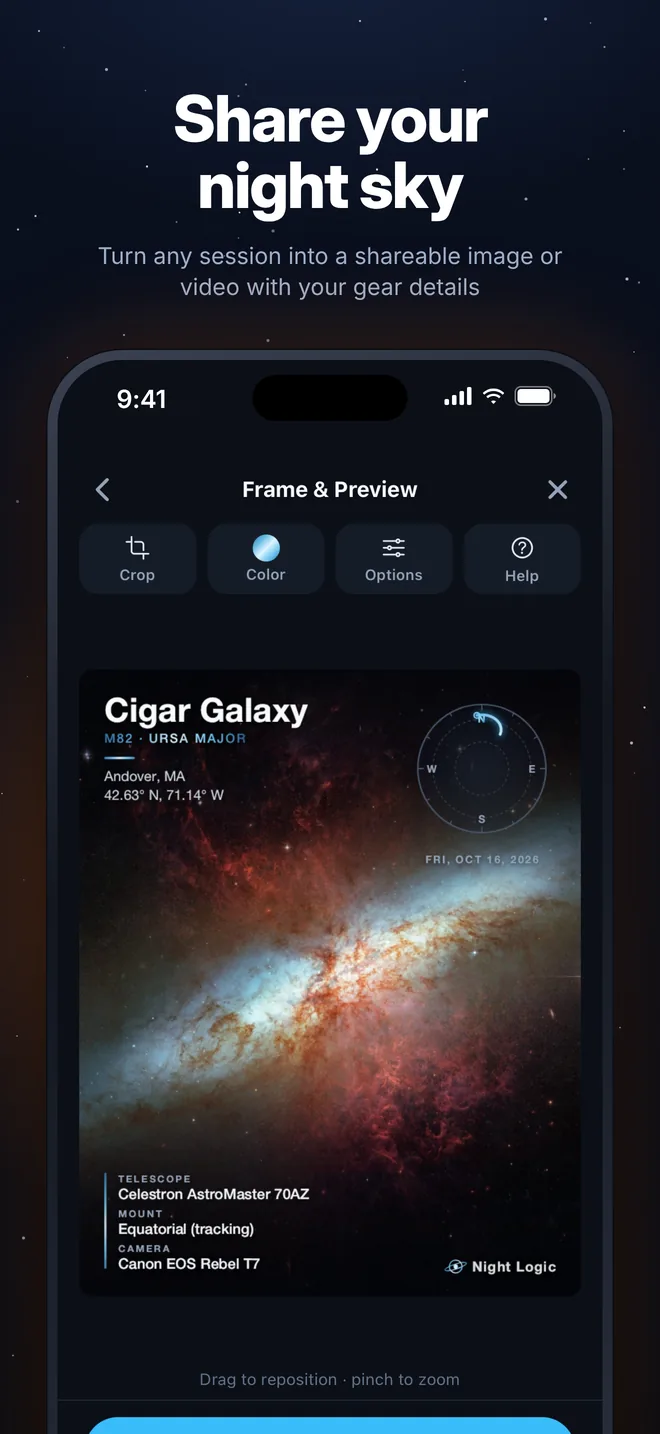 Night Logic share preview: a Cigar Galaxy image card labeled with location, date, telescope, mount, and camera, ready to share.