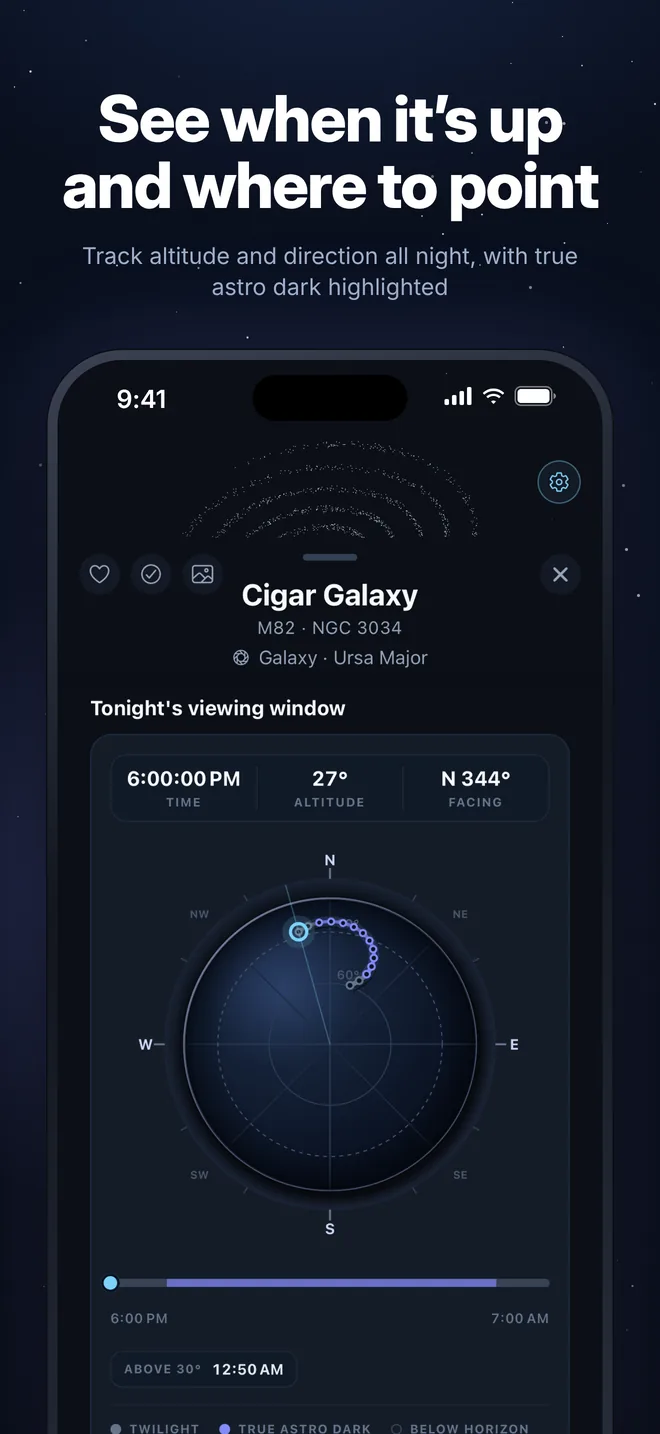 Night Logic viewing window for the Cigar Galaxy showing a compass dial with the object's path across the sky, its altitude, compass direction, and a timeline with true astro dark highlighted.